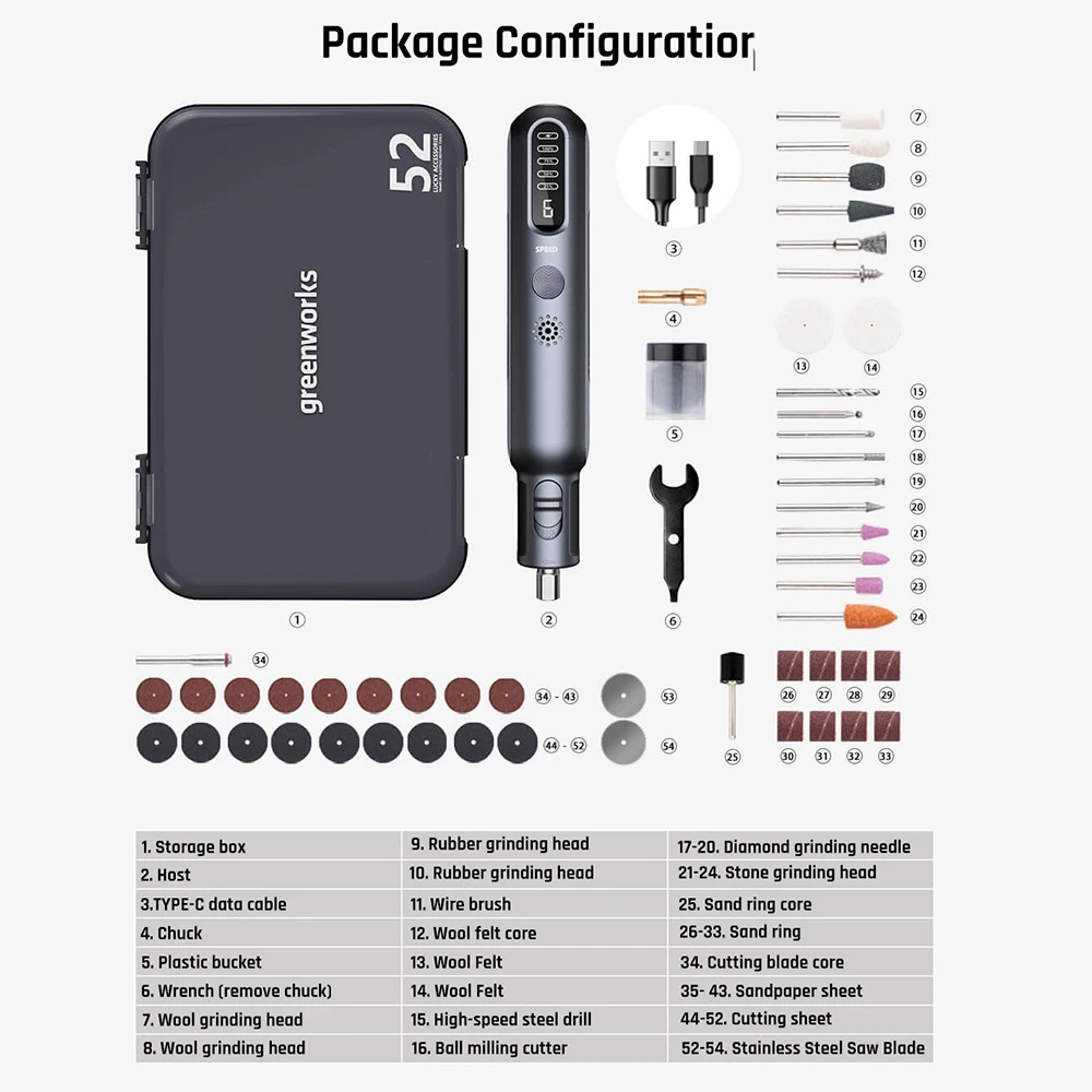 Imagem -03 - Greenworks Usb Chargering Mini Moedor sem Fio 80w 52 Peças Moedor Ferramentas Rotativas para Moagem de Corte Escultura em Madeira e Lixar