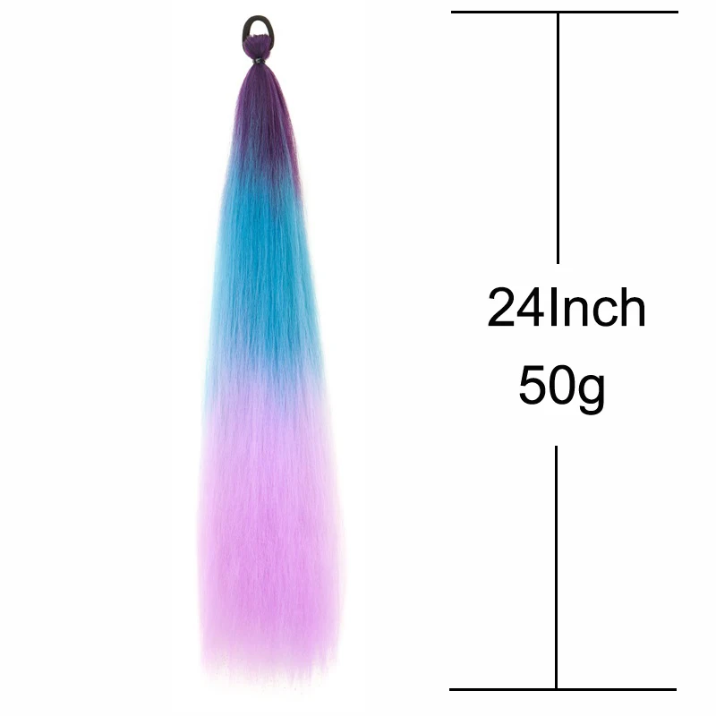 Cola de caballo sintética larga y recta de 24 pulgadas con banda elástica, accesorio de cabello colorido para trenzas DIY 3