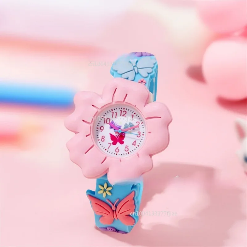 Montre-bracelet en silicone pour enfants, montre-bracelet à quartz, dessin animé, mignon, papillon, fleurs, Saturne, arc-en-ciel, décontracté, mode