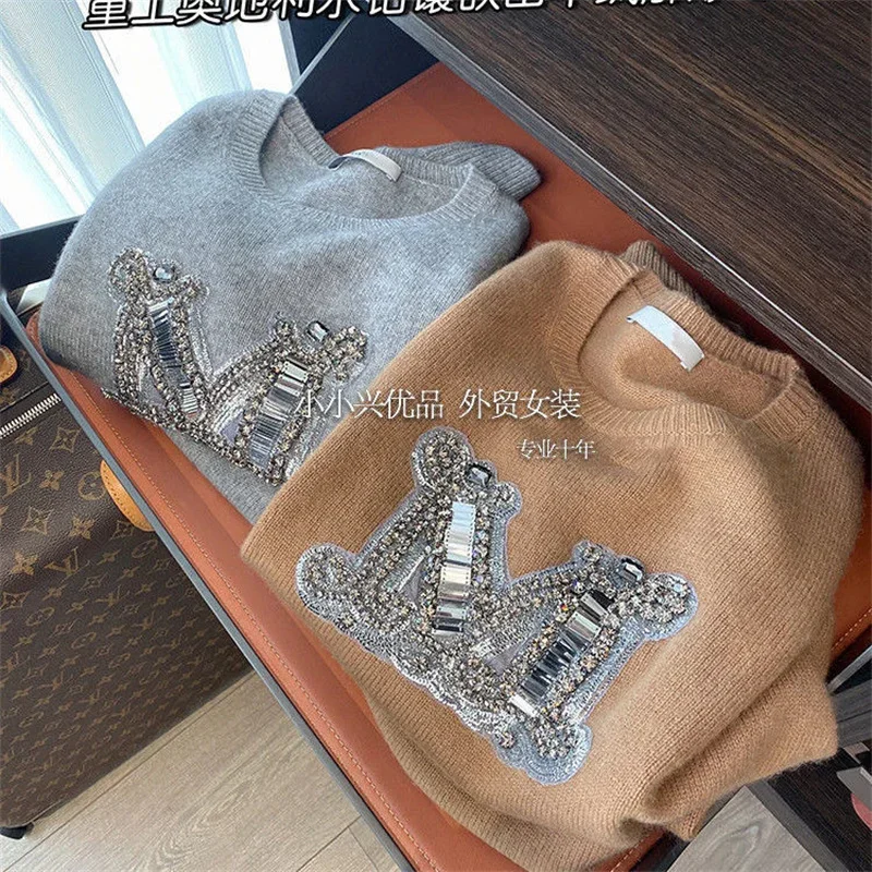 Luxury Diamond Letter M Knitted Pullover Women Cashmere Sweater Spring Autumn Knitwear Soft Long Sleeve Wool Basic Jumper H266