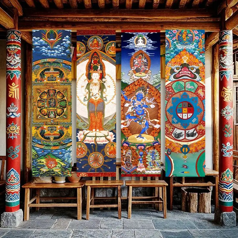 VIKAMA Tibetan Mandala Vertical Tapestry Thangka Dancing Deity Colorful Buddhist Portrait Wall Hanging Tall Wall Art for Room