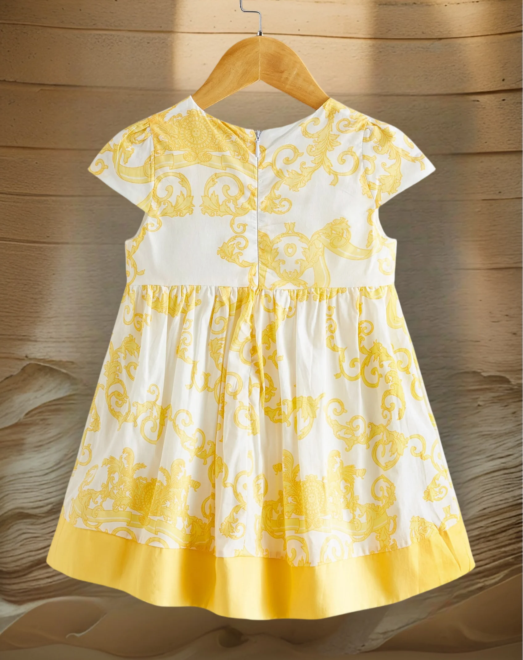 Sweet little shu holiday style girls summer crew-neck printed yellow short sleeve cool waist casual loose design dress