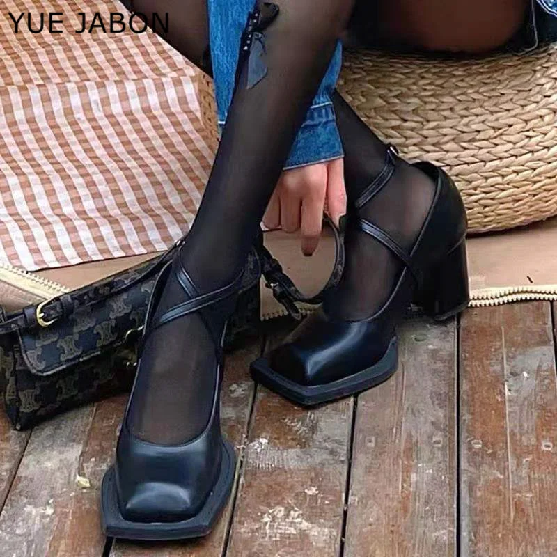 Square Toe Chunky Mary Jane Shoes Women Shallow Strap Retro Women Shoes Designer Pumps Woman Spring Fall New Black High Heels