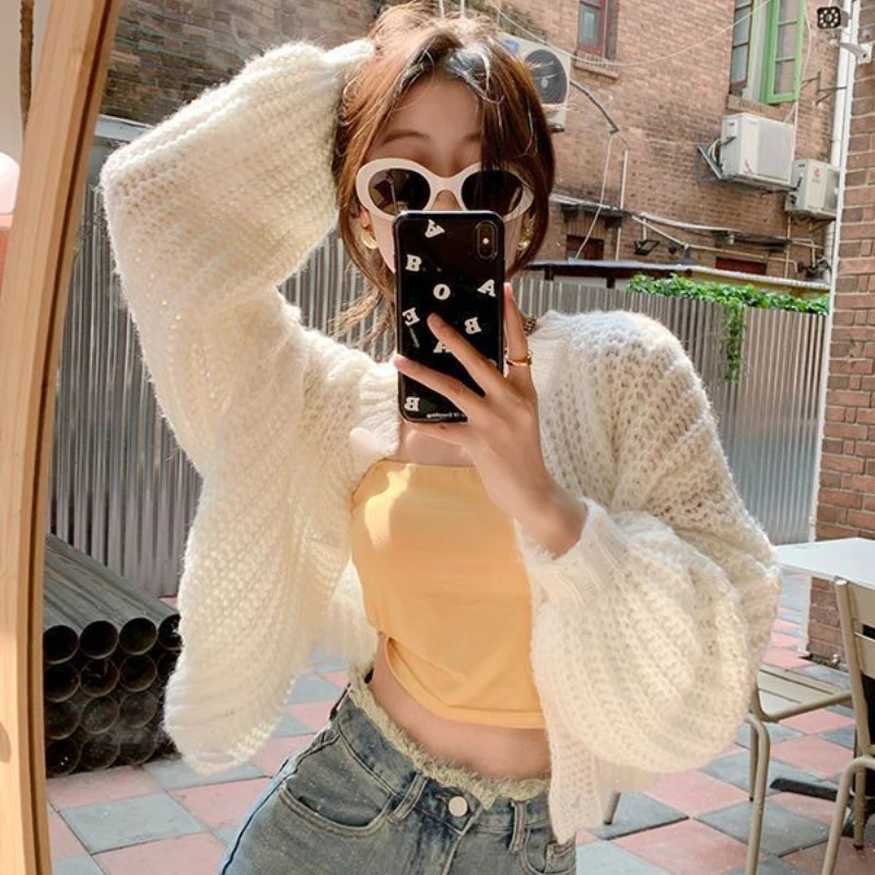 Vintage Korean Style Cropped Sweaters Women Cardigans Harajuku 5 Colors Chic Sweet Ladies Autumn Baggy Knitted Outwear Street