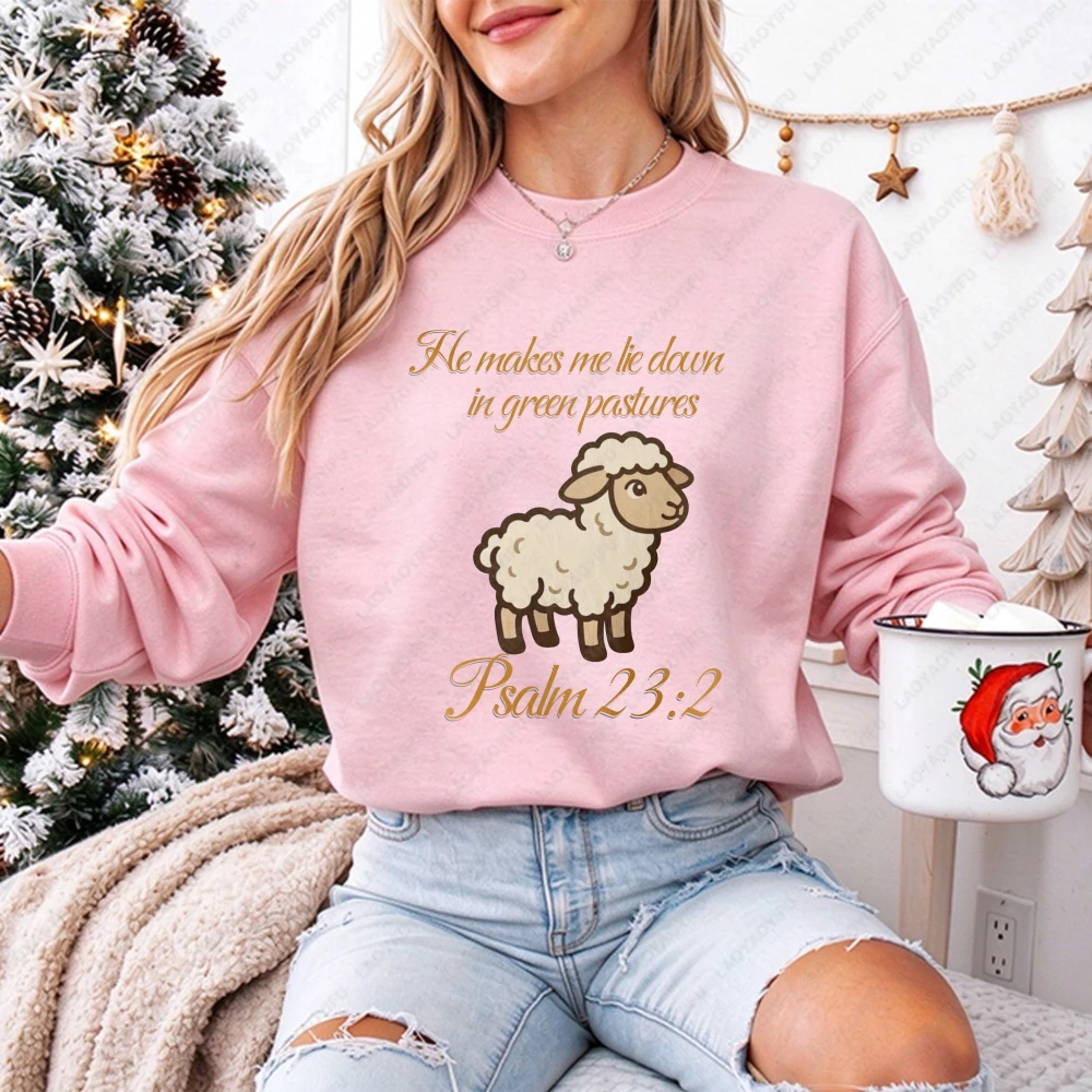 Sheep Illustration Psalm 23:2 Sweatshirt He Makes Me Lie Down In Green Pastures Printing Crewneck Pullovers Bible Verse Pullover
