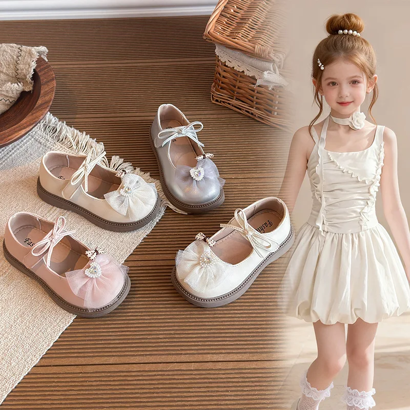 Girls Flat Shoes Sweet Lace Bows Kids Leather Shoes Round Toes 2026 Brand New Children Princess Shoes Soft Bottom