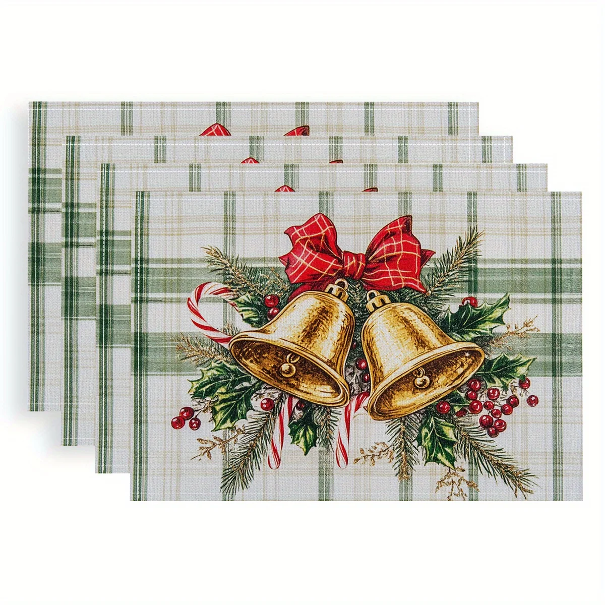 4pcs Vintage Christmas Placemats Polyester Table Mats with Golden Bells Holly Design 18x11.8 Inches, Hand Wash