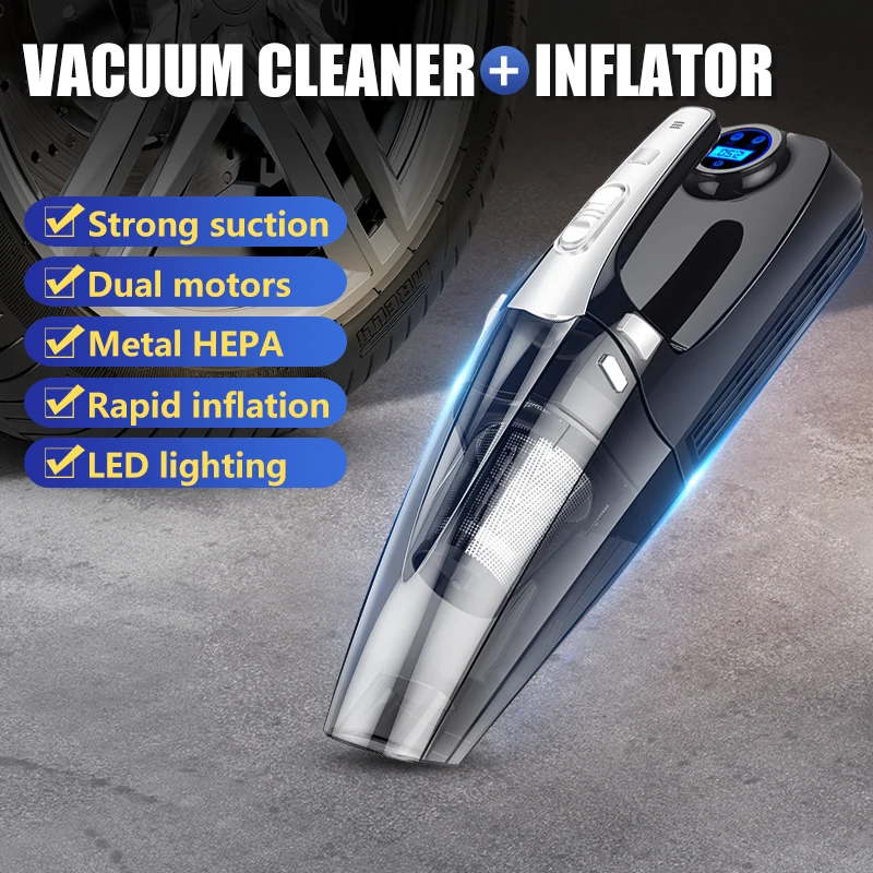 

Car Vacuum Cleaner Strong Suction Handled Cleaning Machine with Air Pump Auto Inflator Rechargeable Auto Electronics Accessories