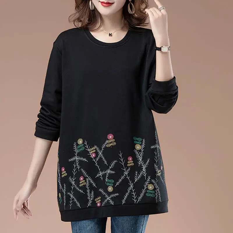 2023 Autumn Winter Women Korean Fashion Floral Print Loose Fleece Sweatshirts Casual Streetwear Long Sleeve Tunic Pullover Tops