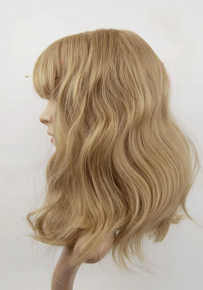 Dark Sandy Blonde Mid Length Wavy with Fringe Sythetic Wig