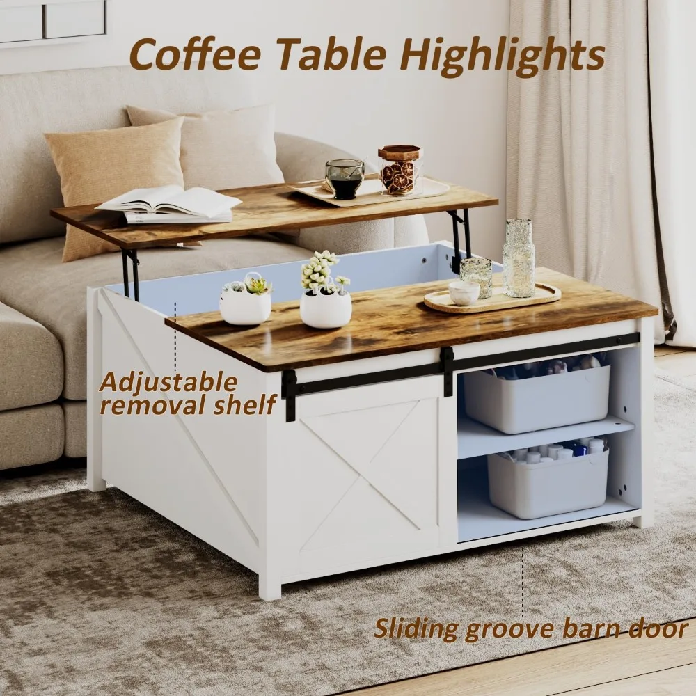 Mesa de centro elevatória com armazenamento, mesa de centro de fazenda com tampo elevatório para sala de estar, sala de estar de madeira branca rústica