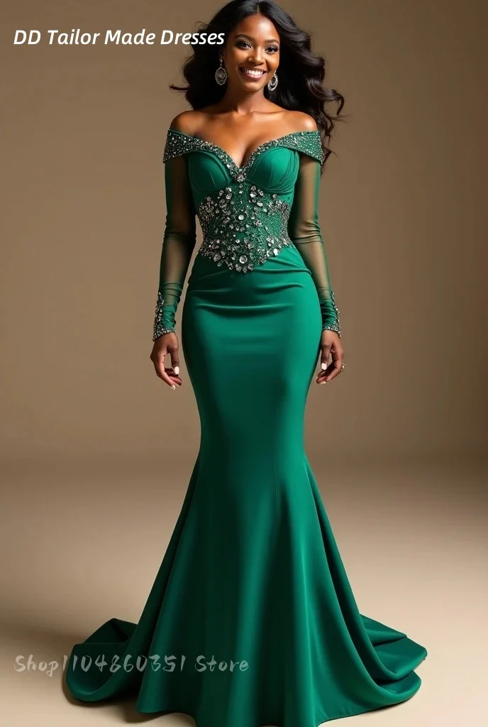 Emerald Green Satin Mermaid Evening Dress Crystal Beads Off Shoulder Long Sleeves Slim Formal Occasion Gown Customized Prom Wear