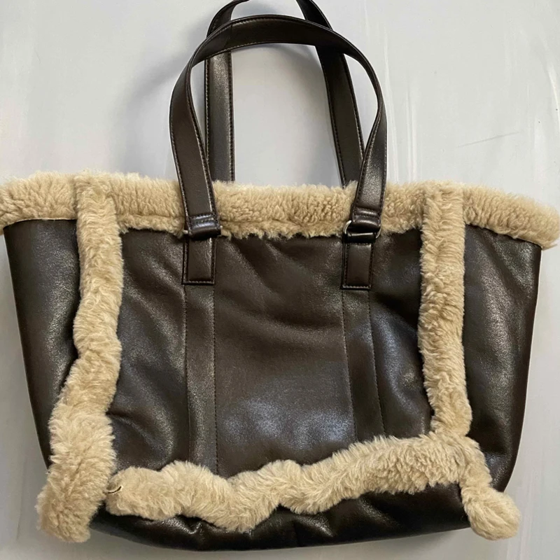 Faux Fur Tote Bags For Women Luxury Designer Handbags And Purses 2024 New In PU lambswool Trim Large Capacity Underarm Shoulder