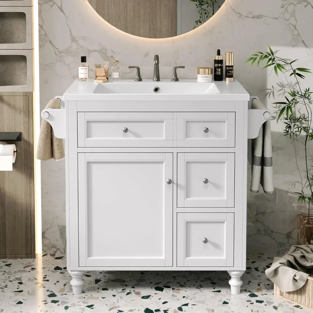 Bathroom Vanity with Sink, Modern Bathroom Storage Cabinet with 2 Drawers, Pull-Down Drawer, 2 Tower Rack & 1 Door