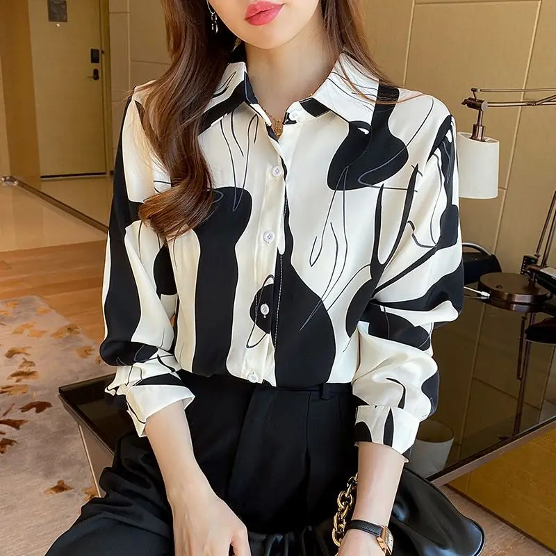 Women Spring Korean Fashion Loose Printing Chiffon Polo-Neck Long Sleeve Shirts Women Clothes Casual All-match Appear Thin Tops