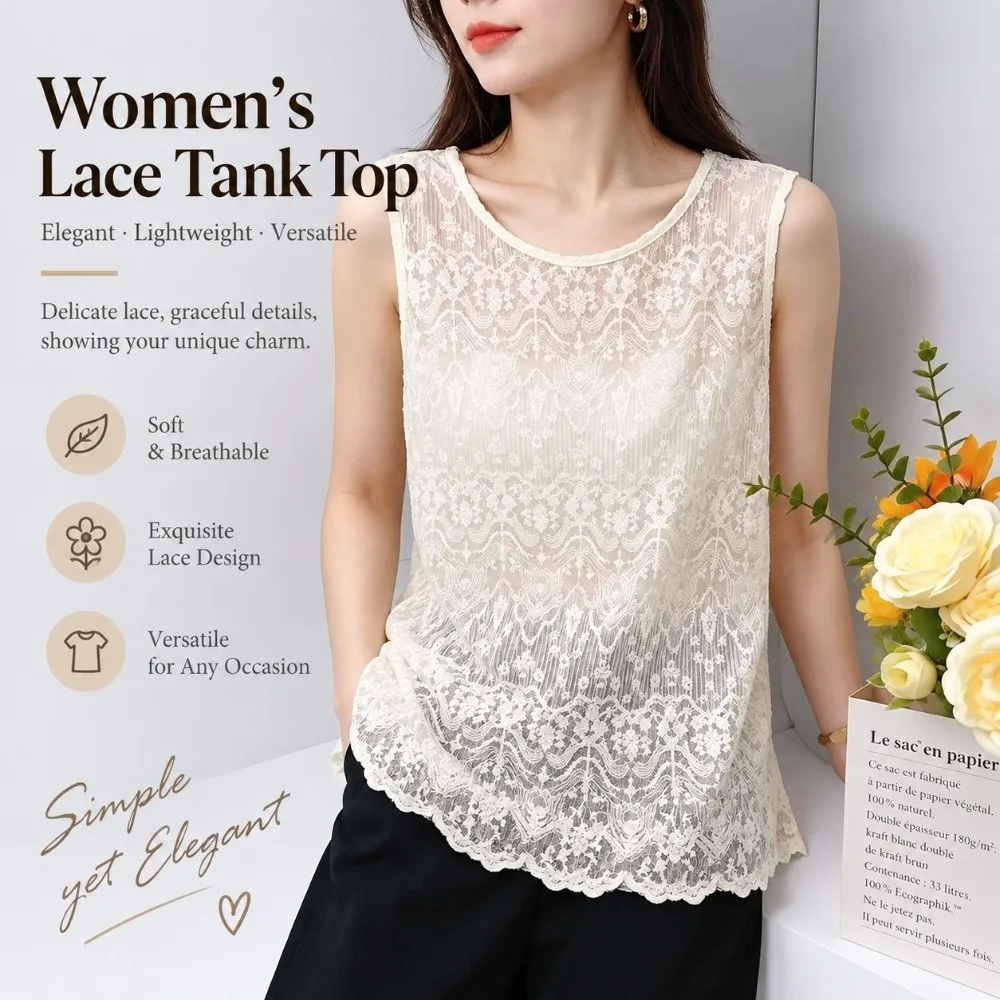 Stylish Crochet Lace Lace Tank Top U Neck Loose Fit Lace Cover Up Semi Sheer Floral Tank Top