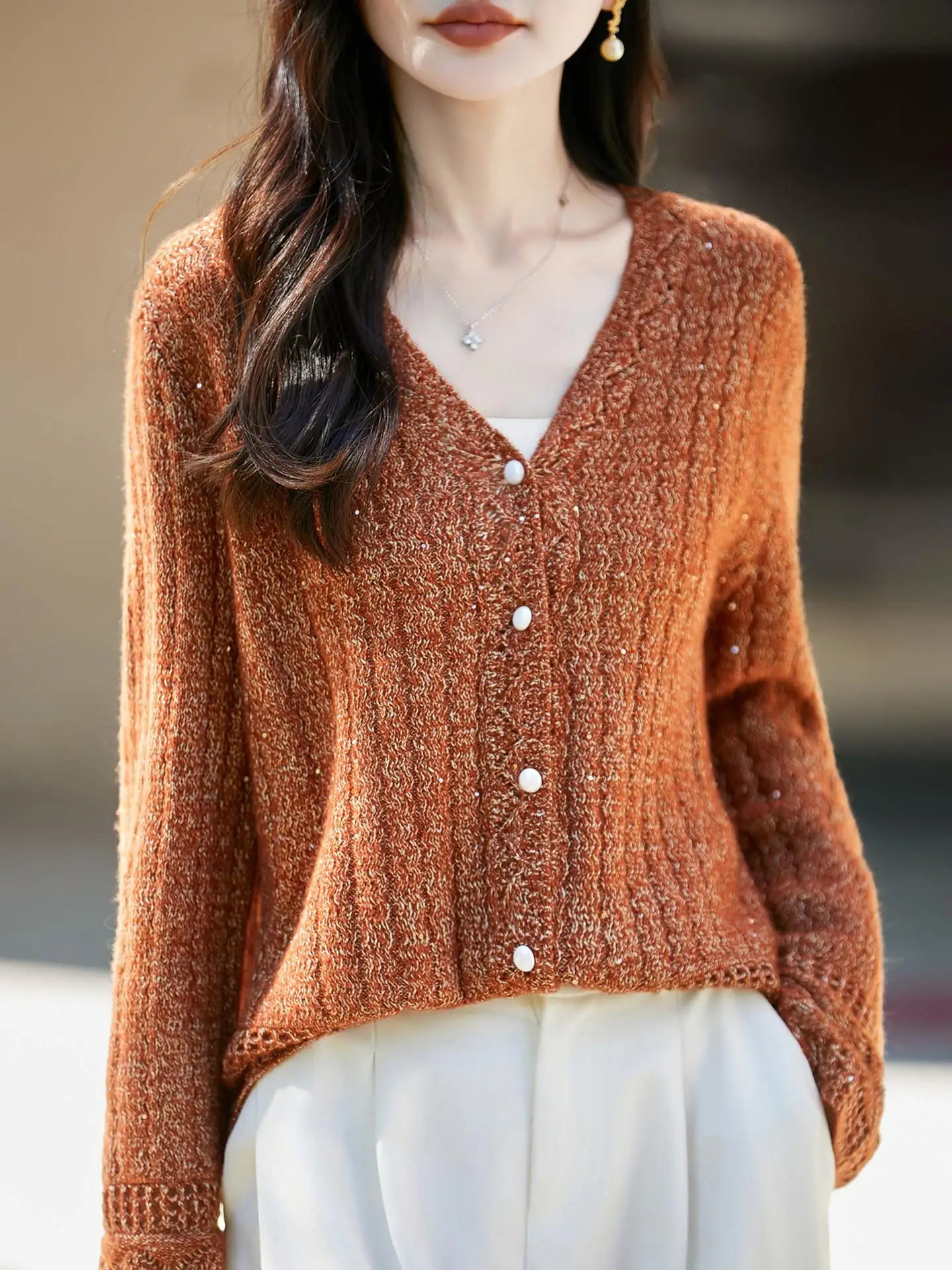 Silver Thread Beaded Hollow Twist Woolen Women's Sweater Loose Silk Cashmere Knitted Outerwear Open Cardigan Autumn Fashion