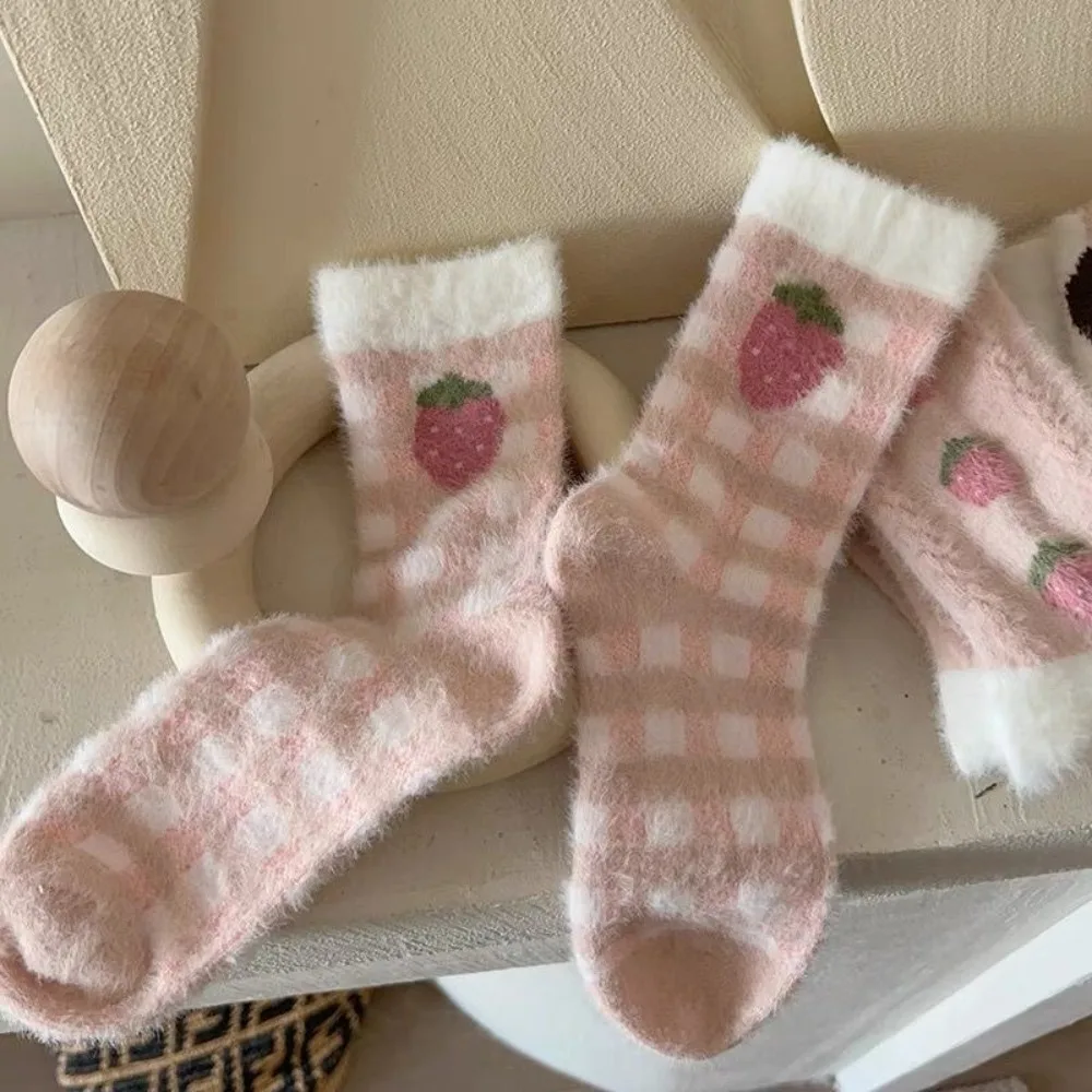 2 Pairs Cute Women's Winter Plush Socks Kawaii Girls Strawberry Thicken Mink Wool Sweet Soft Warm Anklets Socks Stay At Home image 4
