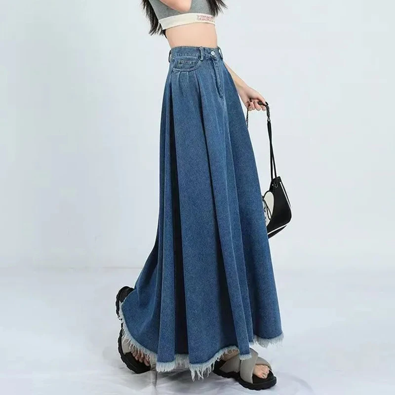 Women Denim Swing Skirt High Waist Pleated A-Line Maxi Long Skirt Frayed Hem Y2K Preppy Casual Korean Bottom