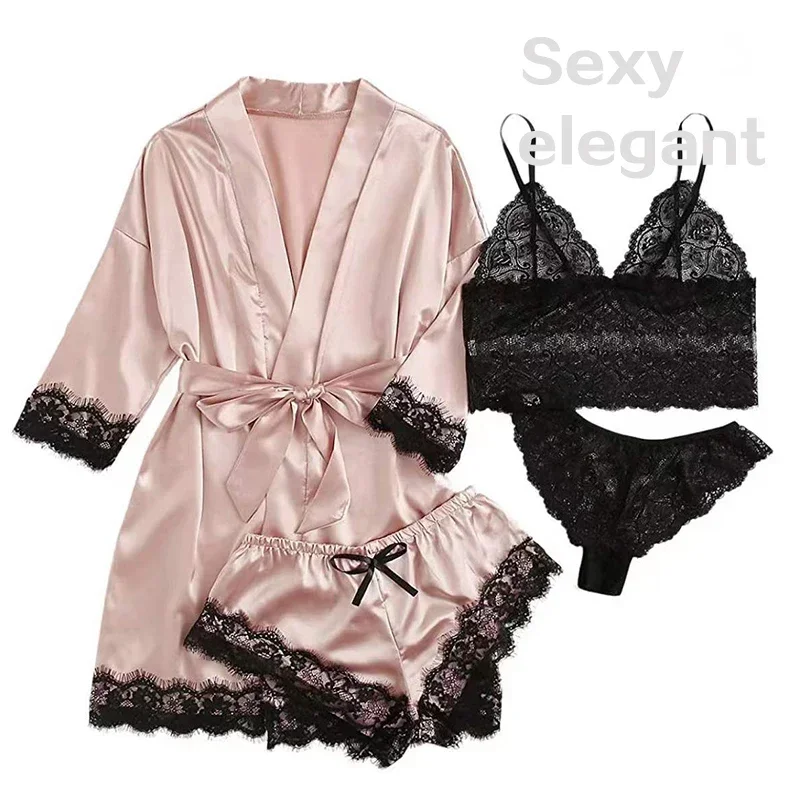 4 Pieces Woman Sleepwear Pajamas Ser With Robe Sexy Lace Lingerie Bathrobe Silk Satin Home Clothed Nightwear Robe