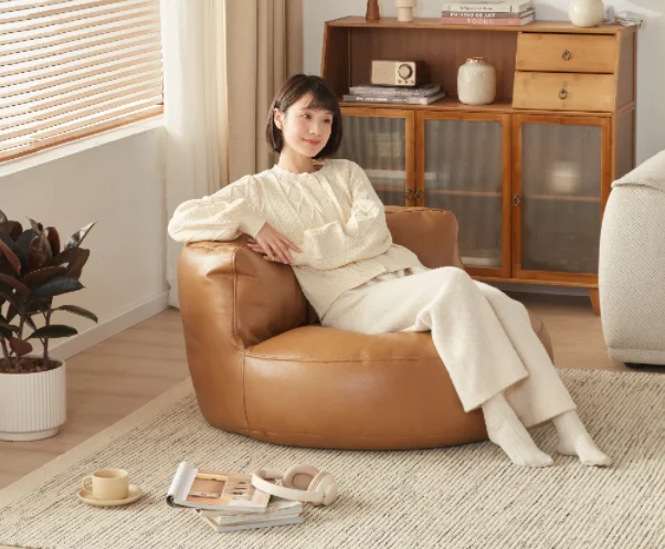 Custom Round Disc Lazy Person's Leather Bean Bag Sofa Single Seater Lounge Chair For Balcony Bedroom