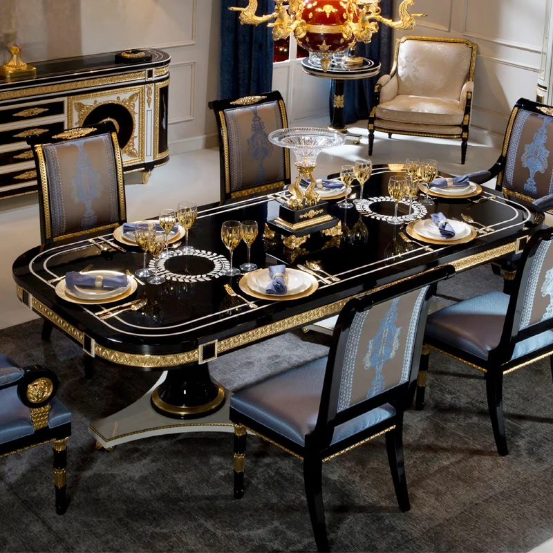 

Luxury European Elegant Dining Room Furniture Wooden Carved Black Dining Table Set 6 Chairs