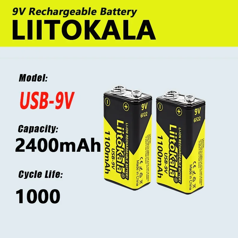 LiitoKala USB-9V 6F22 9V Li-ion Lithium Battery for Multimeter Microphone Toy Remote Control KTV+4-in-1 Type-C charging cable