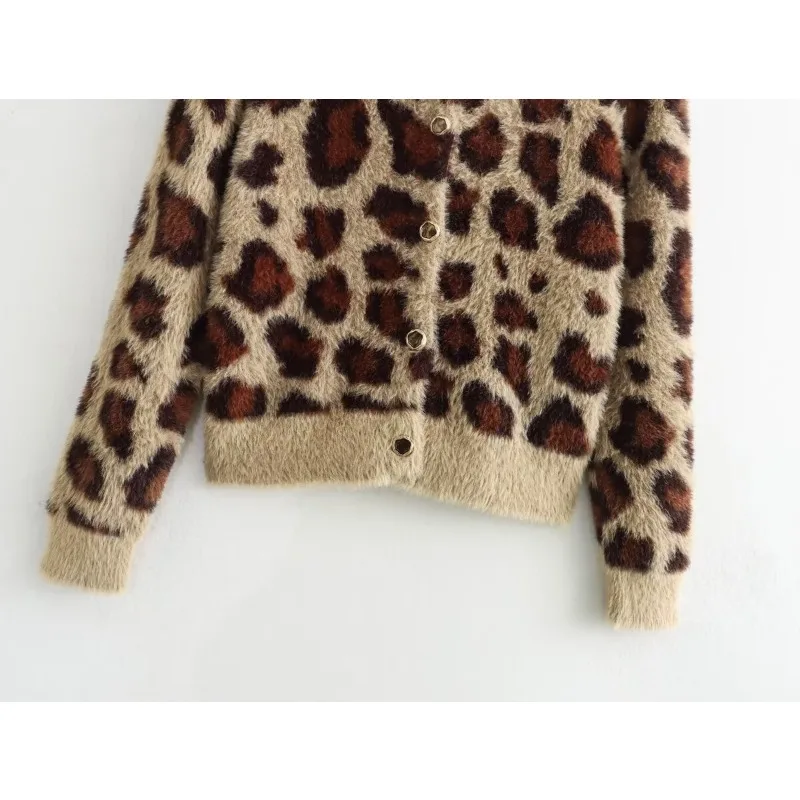 TRAF ZR Cardigan for Women Knit Wear Leopard Knitted Luxury Cardigan Sweater Women Outerwears Vintage Long Sleeve Bomber Jackets