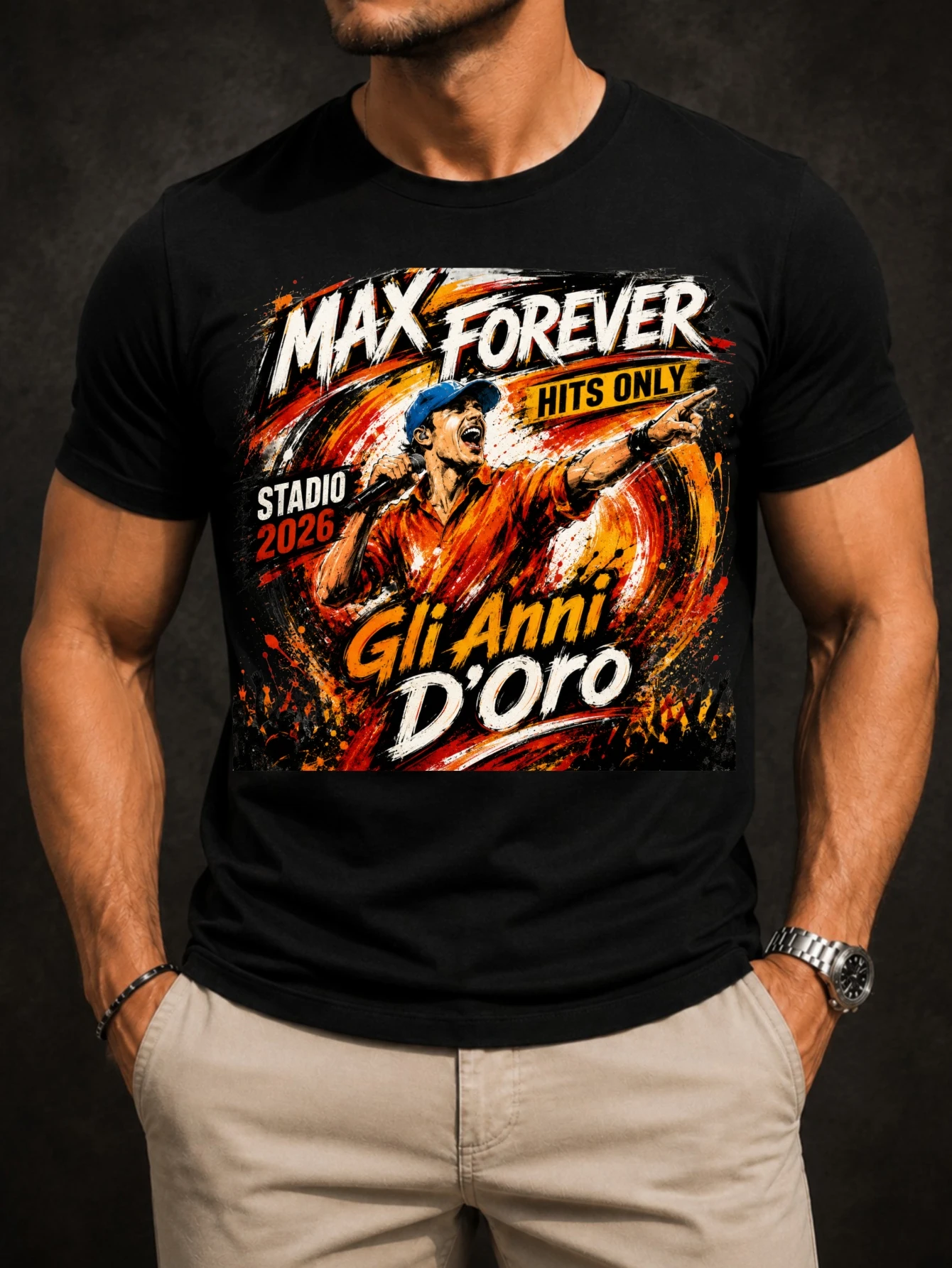 Max Forever Hits Only With Painted Orange Concert Scene Singer Pointing And Gli Anni D Oro Text mes  Unisex All T-Shirt