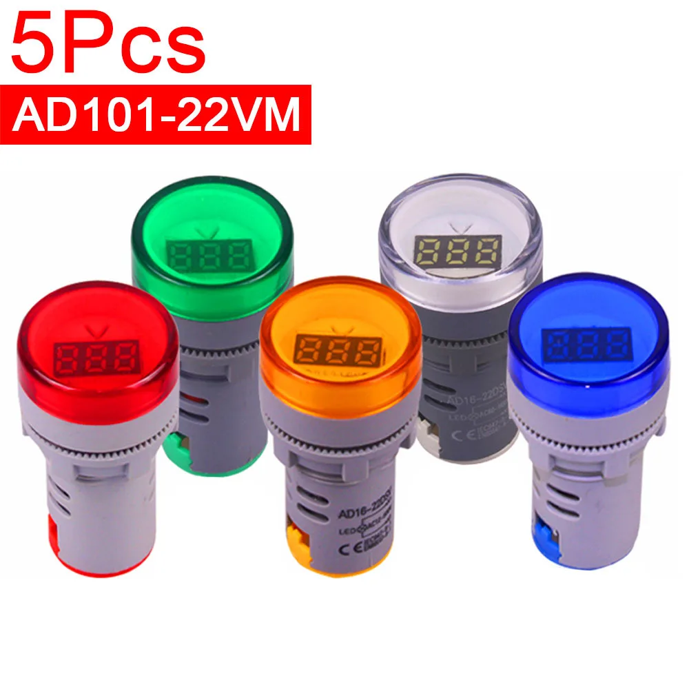 5PCS AD101-22Vm Pilot Lamp AC 50-500V Round Mini Voltage Meter LED Digital Display AC Voltmeter Indicator Light Tester Detector