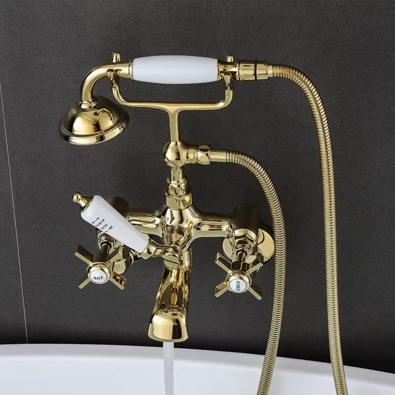 Hotel Apartment Use Dual Handle Zirconium Gold Brass Bath Faucet Shower Set Rain Spray Pattern Metered Mixer Taps