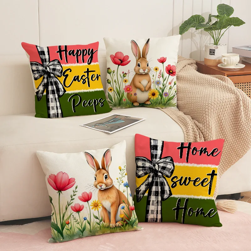 

Easter Pillow Covers 45x45cm Set of 4,Colorful Bunnies Decorations Holiday Farmhouse Spring Pillow Case for Sofa Couch Decor