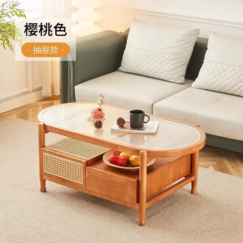 Oval Solid Wood Rattan Coffee Table with Drawers Japanese Style Round Side Table for Living Room Small Apartment Home Decor