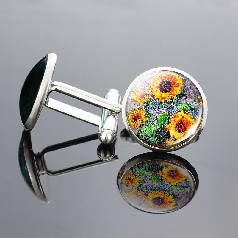 Van Gogh SilverColour Cufflinks Starry Night Handmade Oil Painting Glass Cabochon Cufflinks Men Women Christmas Gift