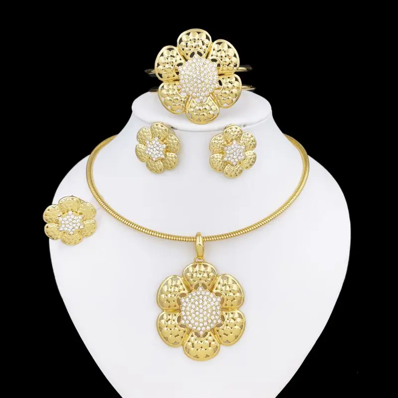 Brazil Gold Color Women Jewelry Set Six Petals Pendant Necklace Earring Bracelet Ring High Quality Jewelry Nigeria Trending