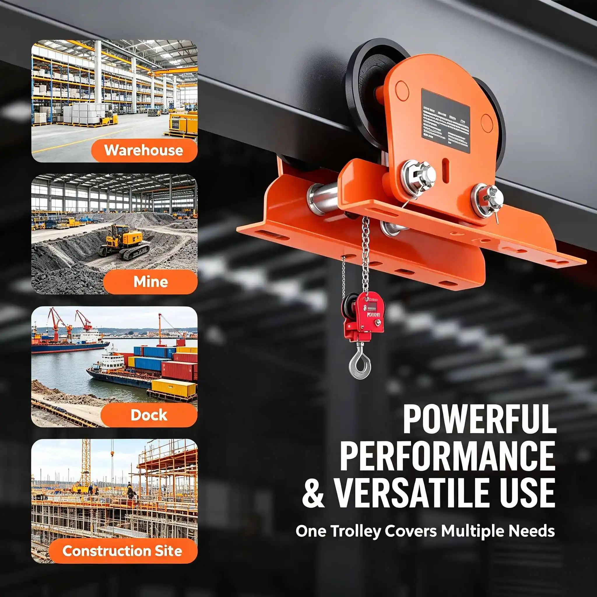 Dual Wheel Push Hoist Trolley, 2200 lbs Capacity, Compatible with PA200 PA300 PA500