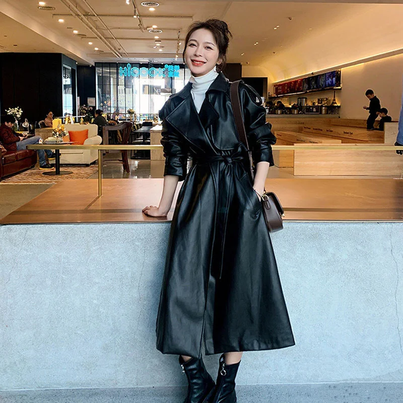 2024 Spring Autumn Black Long Faux Leather Jacket With Belt Women Lapel Long Sleeve Female Windproof Jacket Streetwear Casual