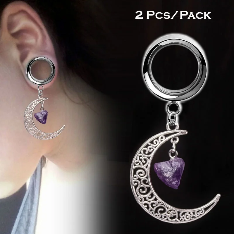 2 Pieces Natural Stone Moon Pendant Ear  Plugs Ear Gauges ScrewFlesh Tunnel Ear Piercing Stretcher Expander Body Ear Reamer