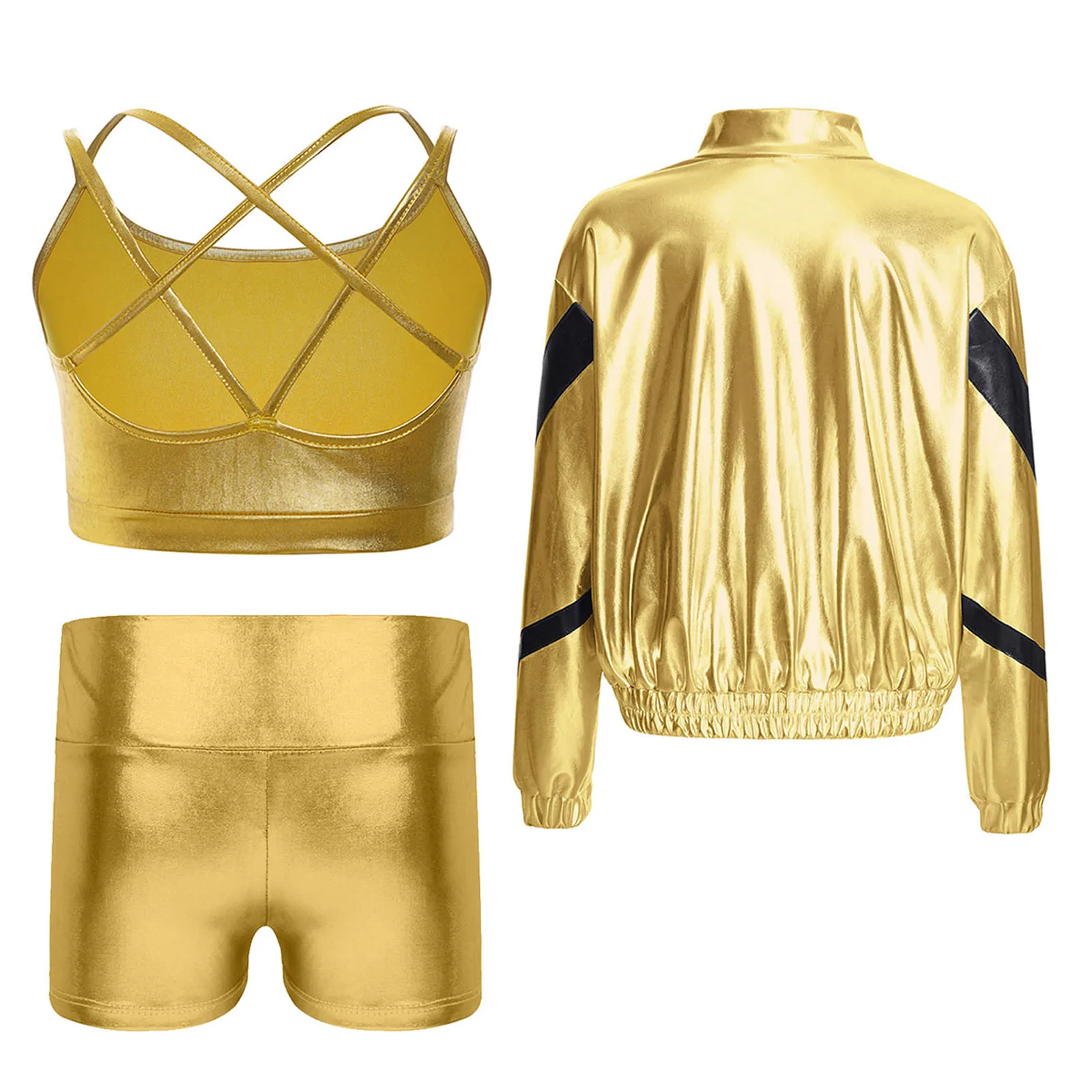 3Pcs Kids Girls Jazz Dance Hip-Hop Street Modern Dance Sports Outfit Long Sleeve Metallic Zipper Jacket with Camisole And Shorts