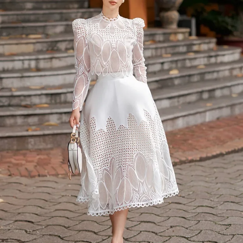 Designer Spring/Summer 2024 Lace Embroidery Hollow Dress Two-piece Set Palace Style 2 Piece Sets Women Outfit Pieces New Women\'s