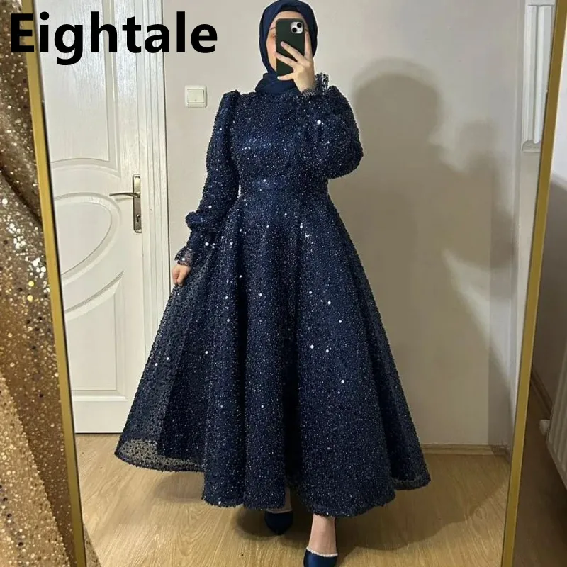 

Eightale 2025 Navy Blue Sequins High Neck Dubai Long Sleeve Arabic Prom Dress Evening Dress Formal Party Gown Robes De Soirée