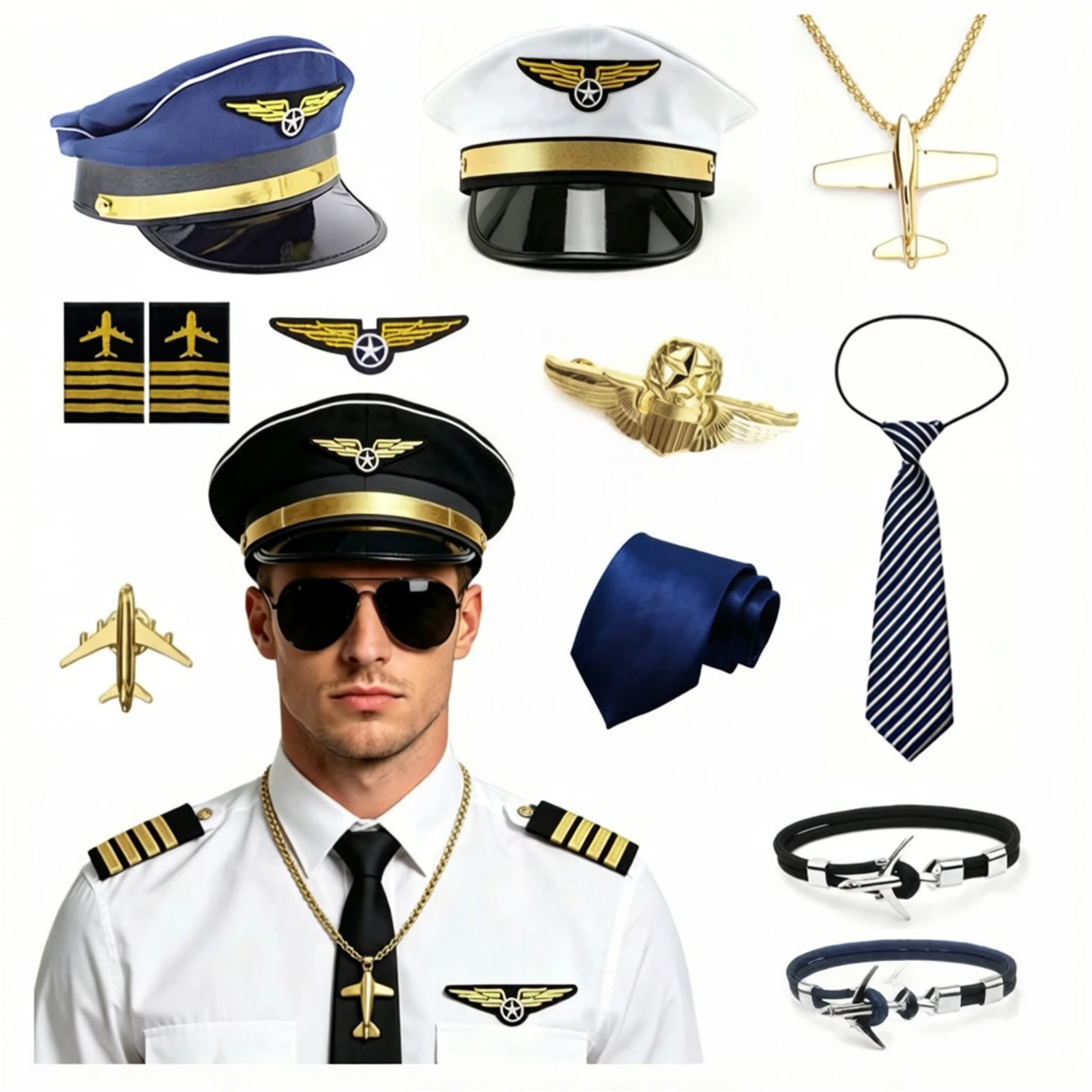 AwwwCos Pilot Captain Costume Accessory Set Pilot Hat Aviator Sunglasses Wing Patch Uniform Dress Up for Halloween Party Cosplay