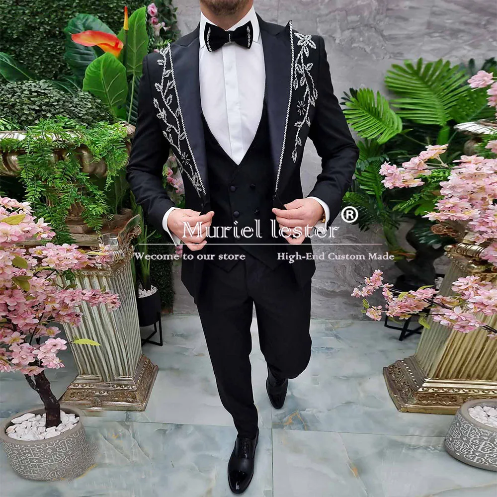 Elegance Sliver Beaded Suits Mens 2 Pieces Sets Male Dinner Prom Blazers Luxury Groom Wedding Tuxedos Skinny Trajes Para Hombre