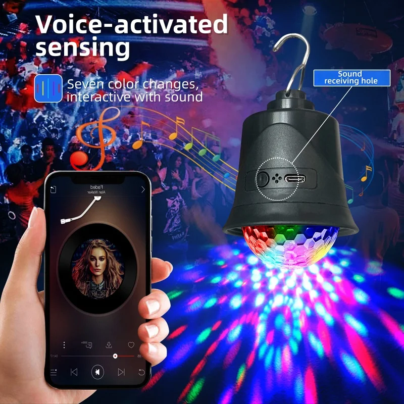 قطعة واحدة من مصباح الكرة السحرية المحمول على شكل خطاف قوس قزح، مصباح إيقاع الموسيقى، مصباح إسقاط دوار متعدد الألوان، مصباح ديكور.