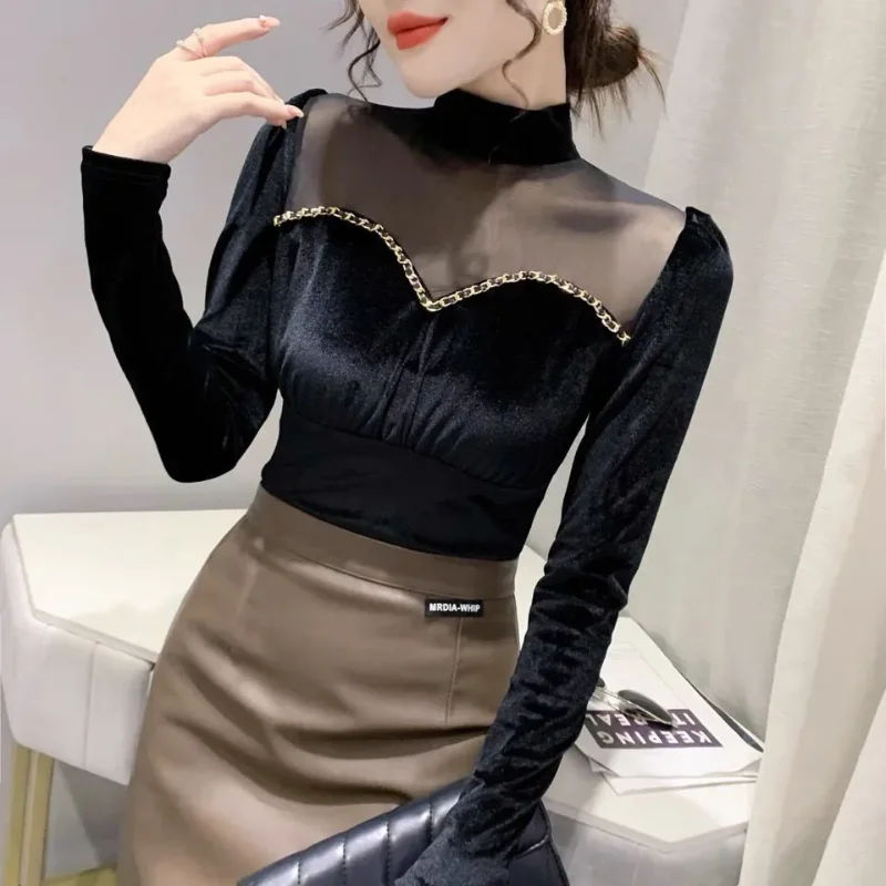 

Spring and Autumn Gold Velvet Bottoming Shirt for Women, Fashionable and Sexy Mesh Long-sleeved Inner Half Turtleneck Top