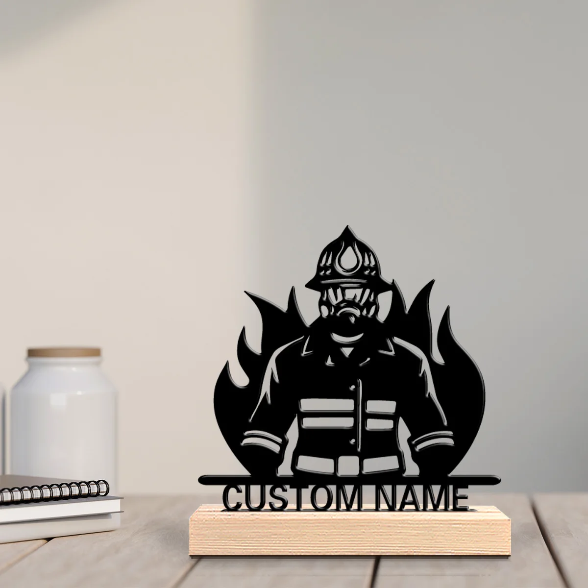 1pc Stylish Personalized Custom Firefighter Metal Statues Metal Art with Wooden Base With a Male Theme, Desktop Decoration, and