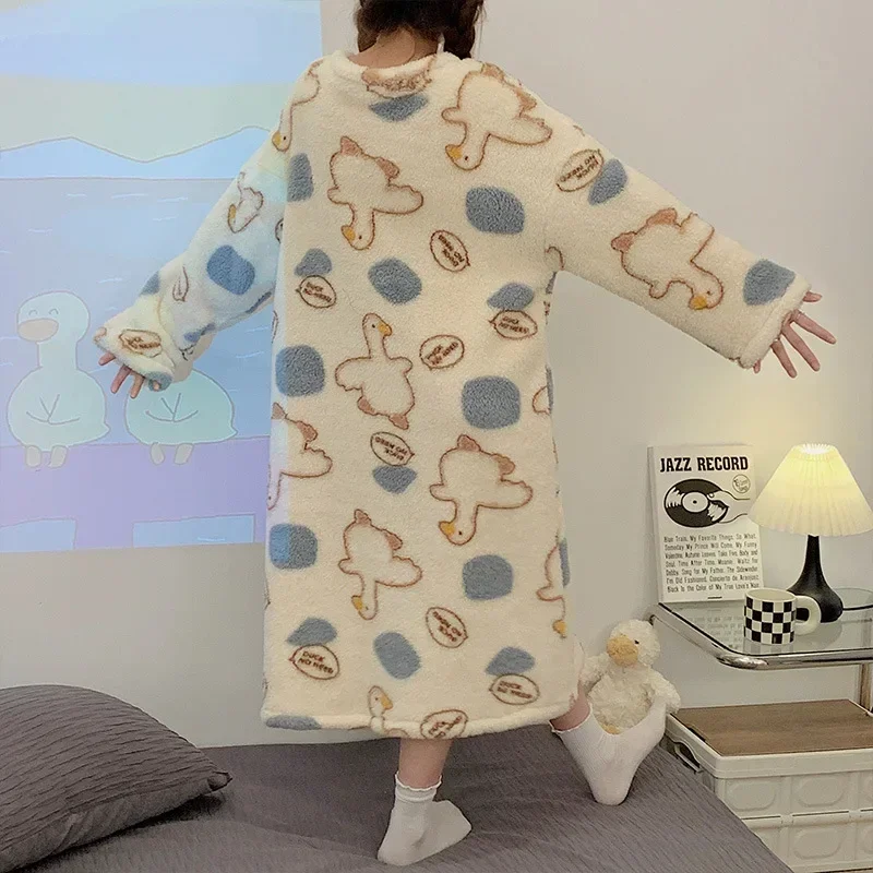 Women Flannel Dress Autumn Winter Thicken Warm Nightgowns Coral Fleece Sleepwear Casual Loose Homewear Female Cartoon Pajamas