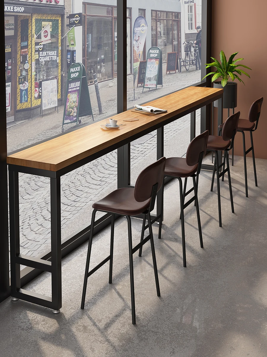 

Bar table and chair combination industrial style wrought iron solid wood bar
