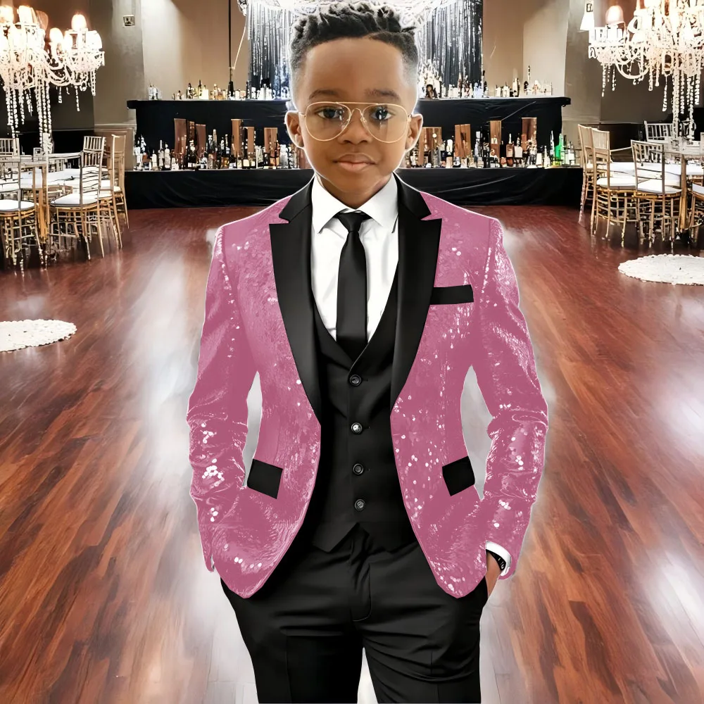 

Pink Sequins Boy Suit Slim 3 Piece Blazer Vest Pant Suit Set Peaked Lapel Formal Wedding Dresses Business Tuxedo Suits for Kids