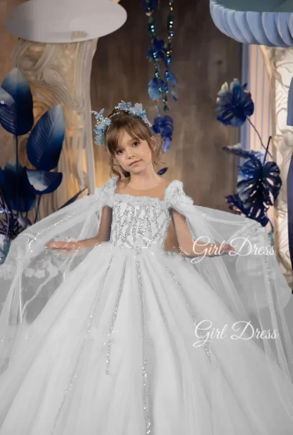 

Sky Blue Flower Girl Dress Sparkling Sequined Tulle Cap Sleeves Dresses For Wedding First Communion Birthday Party Gowns